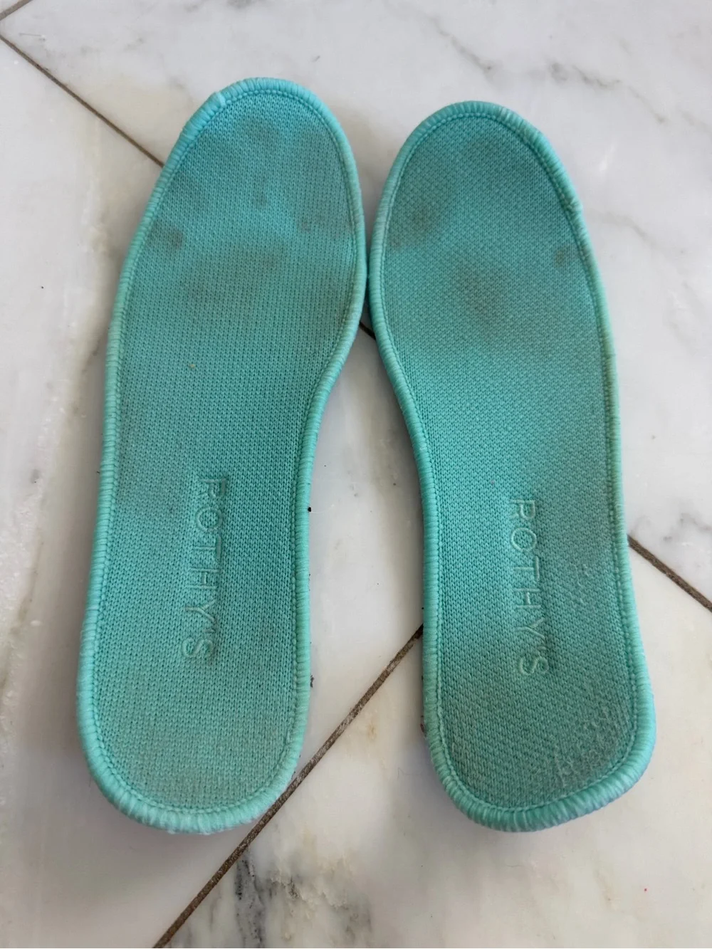 Rothy’s Women’s 9 Navy Blue Knit Flat Loafers with mint accents off white soles